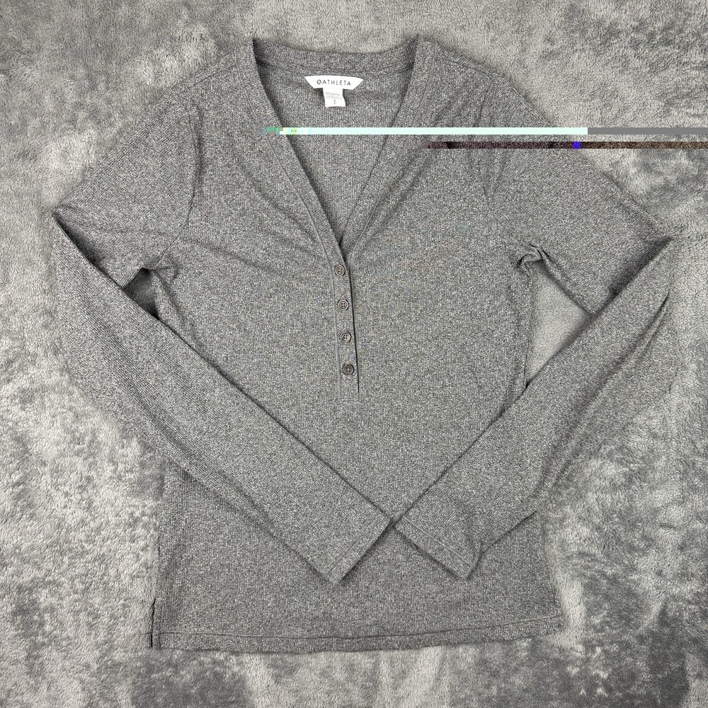 Athleta Uptempo Ribbed Henley Top Women Small Gray Long Sleeve V-Neck 981737